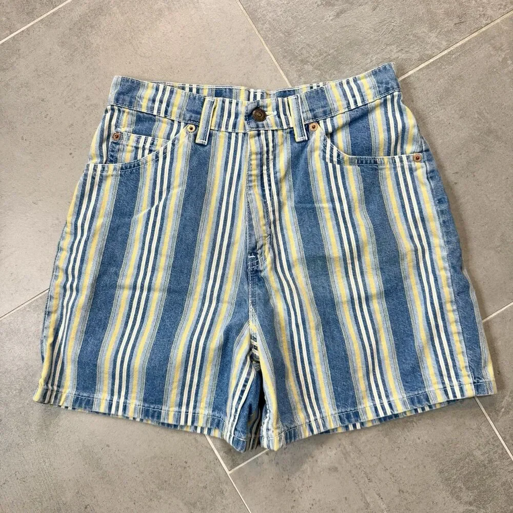Vintage Levi's High Waist Orange Tab Striped Denim Shorts - Picture 5 of 9